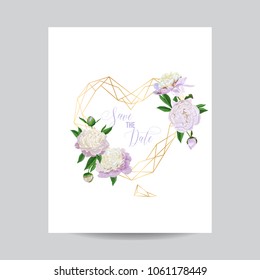 Wedding Invitation Floral Template. Save the Date Golden Frame with Place for your Text and White Peony Flowers. Greeting Card, Poster, Banner. Vector illustration