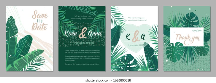 Wedding invitation floral template vector background. Tropical pattern frames in trendy minimal flat style for graphic design. Nature illustration.