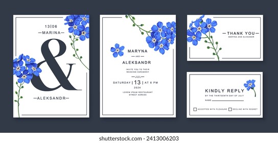 Wedding invitation, floral thank you cards, rsvp modern postcard design with realistic blue forget-me-not flowers. Templates can also be used for advertising, posts in social networks other designs 