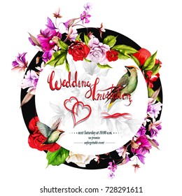 Wedding invitation. Floral theme with two waxwings around. This template can be used in other different ways. Hand drawn, vector - stock.