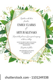 Wedding Invitation, floral vector invite save the date modern card Design: greenery leaves, forest greenery, herbs, natural plants, branches botanical decoration & geometrical golden transparent frame