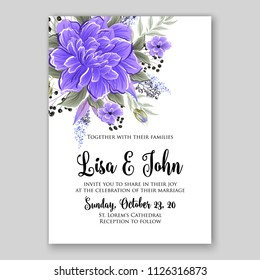 Wedding Invitation floral vector printable card template violet Peony spring flower wreaths and bouquets background for baby shower or bridal shower and parties