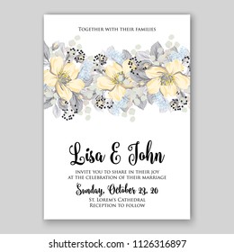 Wedding Invitation floral vector printable card template Yellow Peony spring flower wreaths and bouquets background for baby shower or bridal shower and parties
