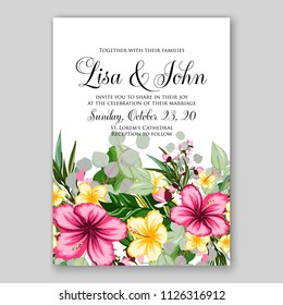 Wedding Invitation floral vector printable card template pink Hibiscus tropical flower wreaths and bouquets background for baby shower aloha luau