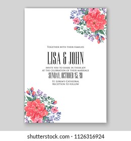 Wedding Invitation floral vector printable card template Peony spring flower wreaths and bouquets background for baby shower or bridal shower and parties