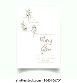 Wedding invitation with floral white ranunculus flowers