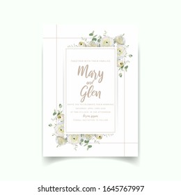Wedding invitation with floral white ranunculus flowers