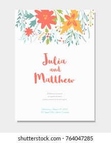 Wedding invitation with floral wreath, flowers. Vector template for birthday, baby shower, menu, flyer, banner with calligraphy,  thank you and save the date card. Elegant hipster rustic background.