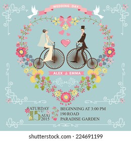 ??ute wedding invitation with floral wreath in heart form,swirling border.Cute cartoon couple groom and bride on retro bicycle with vignettes,ribbons,pigeons.Vintage Vector design template