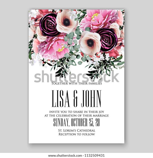 Wedding Invitation Flower Peony Anemone Watercolor Stock Vector