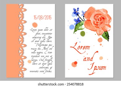 Wedding Invitation with flower rose and drops of watercolor for your design