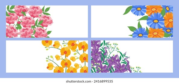 Invitación de casamiento con conjunto de flores, ilustración vectorial. Patrón floral gráfico en el diseño de la tarjeta, marco primaveral en el afiche de la celebración de la boda. Cartel vintage con colección de hojas de verano.