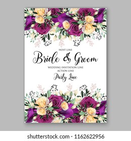 Wedding invitation flower violet yellow peony rose watercolor wording template Floral poster Vector congratulation greeting card, bridal shower invitation baby shower invite background
