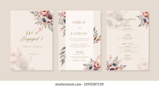 Wedding invitation with flower watercolor. Elegant watercolor wedding card template. trendy simple wedding invitation. minimalist wedding invitation template