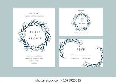 Wedding invitation with flowers in blue 