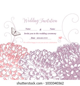 Wedding invitation with flowers of chrysanthemum. Congratulations on your birthday, invitation card. Flower pattern. Element for printing, design, creativity, scrapbooking.