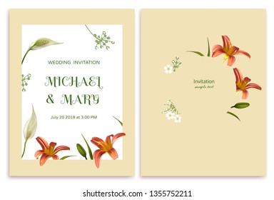 Wedding invitation. Flowers. Floral background. Lilies. White. Green leaves.