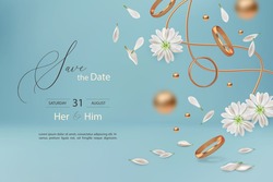 Wedding Invitation With Flowers And Flying Wedding Golden Rings. Realistic 3d Illustration