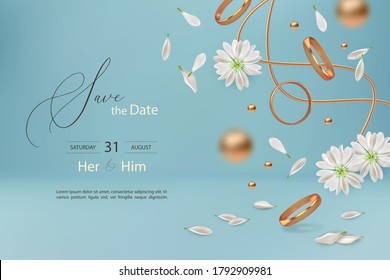 Wedding invitation with flowers and flying wedding golden rings. Realistic 3d illustration