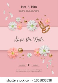 Wedding invitation with flowers and wedding golden rings