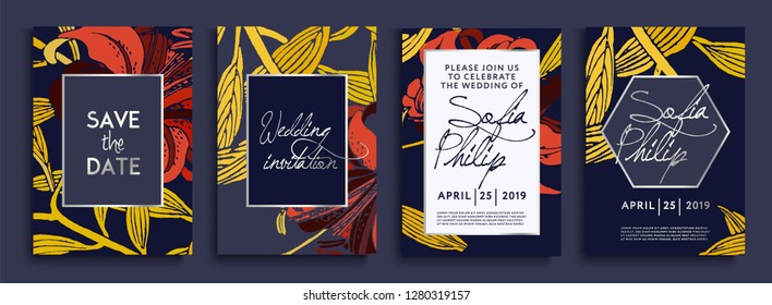 Wedding invitation with flowers and leaves on dark texture. luxury card on blue backgrounds, artistic covers design, colorful texture.  Luxury design, wedding invitation frame set

