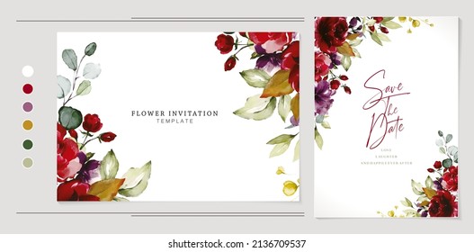 wedding invitation with flowers and leaves, rose purple and burgundy colors design isolated white background, applicable for greeting card, poster, printing paper, table card concept, spring festivals