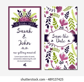 Wedding invitation with flowers and leaves. Vector illustration can be used for appreciation or greeting cards. Seamless pattern in the swatches. 