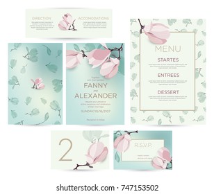 Wedding invitation with flowers of magnolia. A set for a wedding invitation, a template menu design, guest cards and boarding cards. Vector illustration.