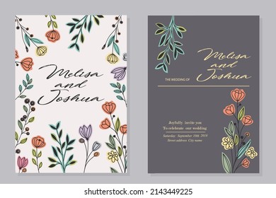 wedding invitation with flowers on a dark background in trendy colors