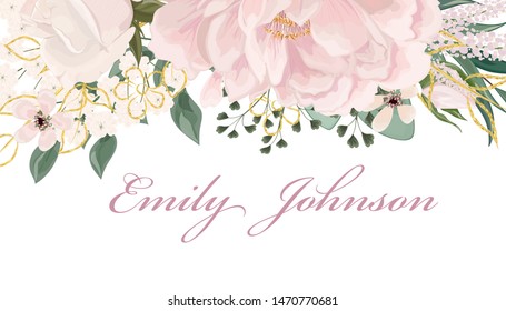 Wedding Invitation With Flowers Peony And Leaves, Watercolor, Isolated On White. Vector Watercolour.