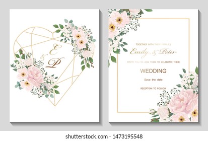 Wedding invitation with flowers Peony and leaves, watercolor, isolated on white. Vector Watercolour.