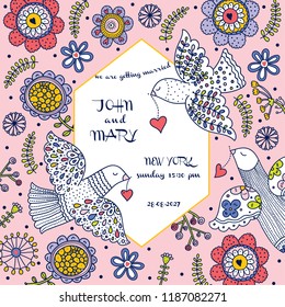 Wedding invitation with flowers and pigeons. Romantic, gentle, in love design.