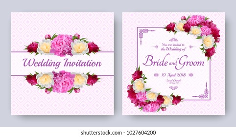 Wedding invitation with flowers of realistic peony. Floral vector card set for bridal shower, save the date and other marriage celebration. Spring motive.