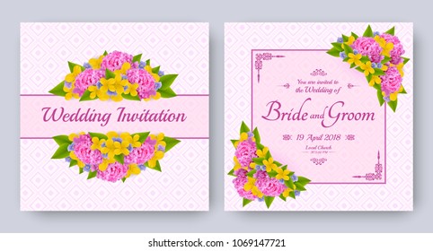 Wedding invitation with flowers of realistic peony, celandine and viola. Floral vector card set for bridal shower, save the date and other marriage celebration. Spring motive.