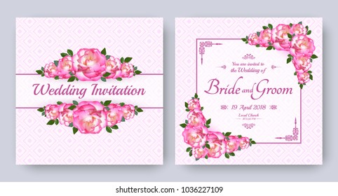 Wedding invitation with flowers of realistic pink rose. Floral vector card set for bridal shower, save the date and other marriage celebration. Spring motive.