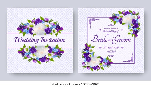 Wedding invitation with flowers of realistic purple viola, white peony and forget-me-not. Floral vector card set for bridal shower, save the date and other marriage celebration. Spring motive.