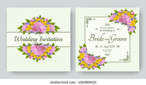 Wedding invitation with flowers of realistic rose, celandine and viola. Floral vector card set for bridal shower, save the date and other marriage celebration. Spring motive.