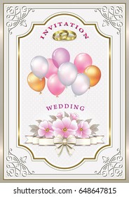 Wedding invitation with flowers, rings and balloons in a frame with ornaments.Vector illustration