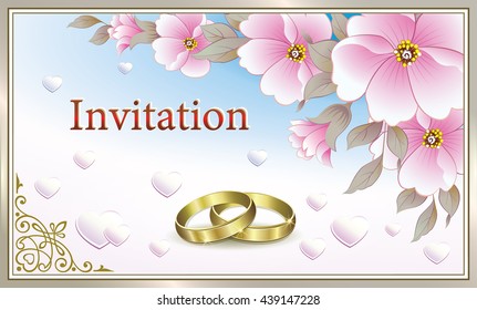 Wedding invitation with flowers and rings in a frame with an ornament