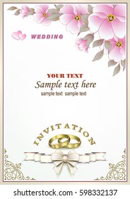 Wedding invitation with flowers and rings in a frame with an ornament