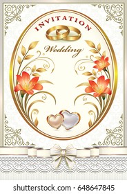 Wedding invitation with flowers and rings in a frame with an ornament.Vector illustration