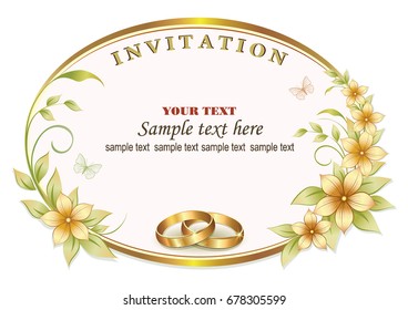 Wedding invitation with flowers and rings in a frame.Vector illustration