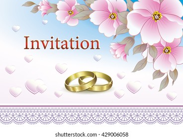 Wedding invitation with flowers and rings on the background of the ornament