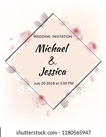 Wedding invitation. Flowers. Roses. Floral background. Leaves. Buds. Pink.