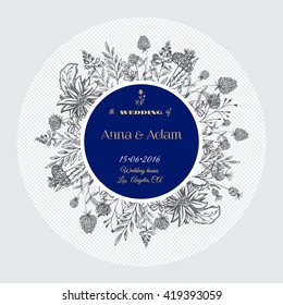 Wedding invitation with flowers. Save the date design. Hand drawn vector illustration. Stock vector