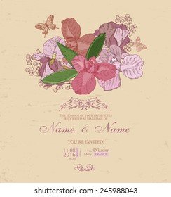 Wedding invitation with flowers. Spring iris flower, mimosa blossom, butterfly. Floral background in vintage style. 