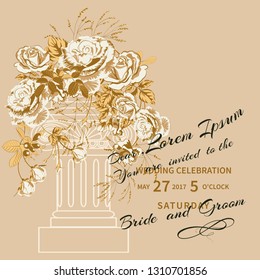 Invitación a la boda con flores rosas blancas y doradas y columna arquitectónica vintage.Fondo floral vectorial.