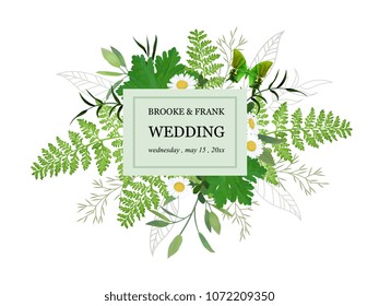 Wedding invitation with foliage and daisies
