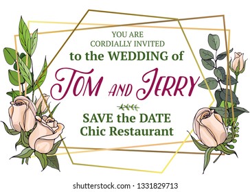 Wedding invitation with foliage elements. Card with gold contours in the art nouveau style decorated with greenery. Part are separated and available for editing. For your design. White roses.