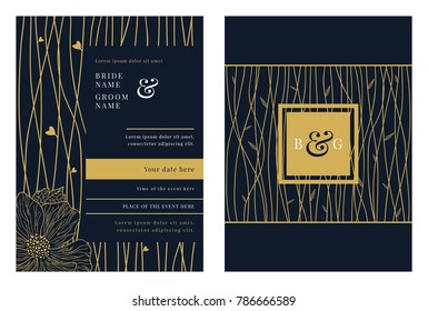 Wedding invitation foliage illustration romantic blue/gold vector card template